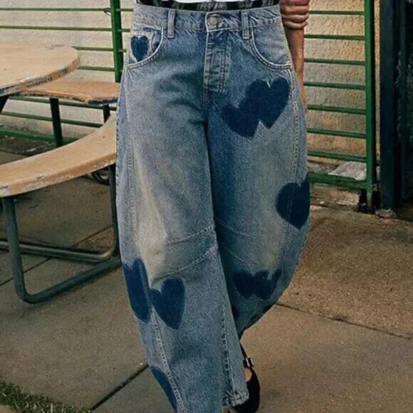Heart Contrast Wide Leg Boyfriend Barrel Jeans Pants - Picture 3 of 4